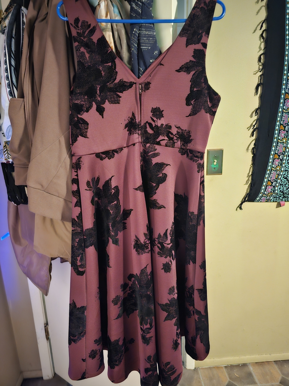 Dark Red Floral Fit-and-Flare Dress with Black Floral Accents - Picture 2 of 5